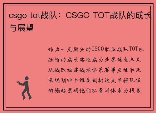 csgo tot战队：CSGO TOT战队的成长与展望