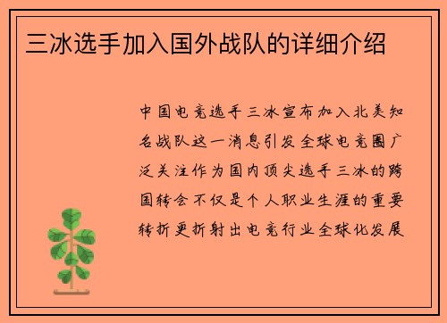 三冰选手加入国外战队的详细介绍