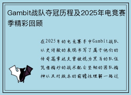 Gambit战队夺冠历程及2025年电竞赛季精彩回顾